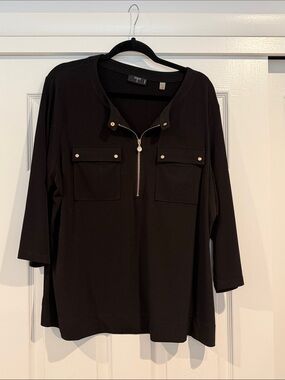 Tahari Black Long-Sleeve Zip Front Pullover with Chest Pockets